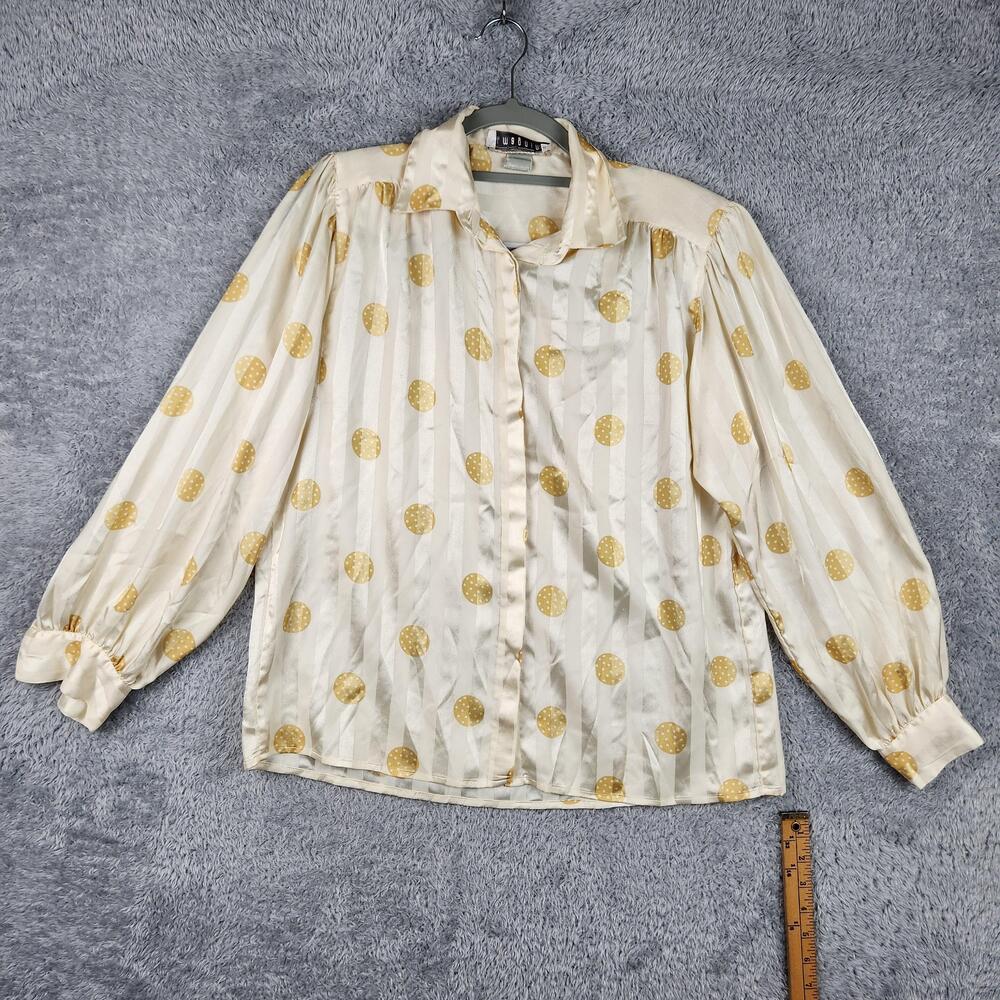 Vintage Evan Picone Blouse Womens 10 White Polka Dot Satin Puff Sleeve Japan 90s